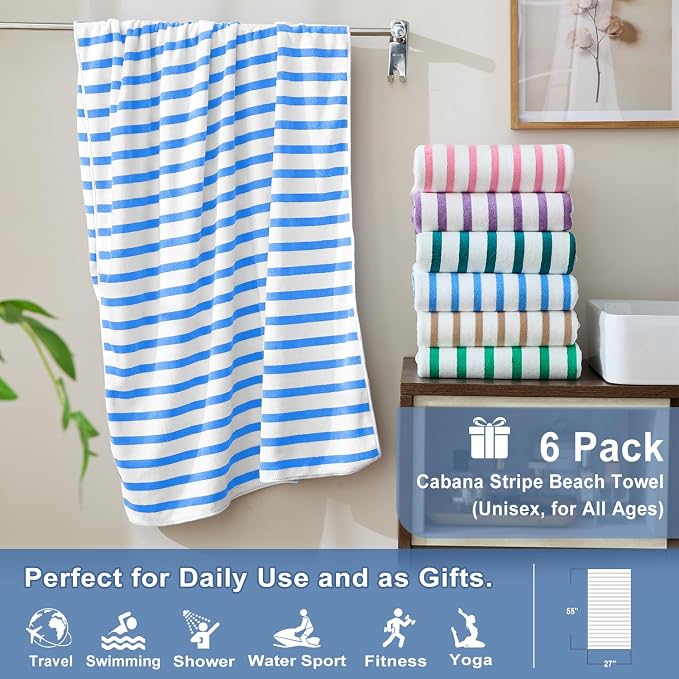 JML Microfiber Beach Towels, Large Bath Towel Set for Adult, 6 Pack, 27" x 55" - Cabana Stripe - Absorbent, Quick Dry for Pool, Bathroom, Sport, Yoga, Camping, Swimming, Dorm, Summer Party, Blue