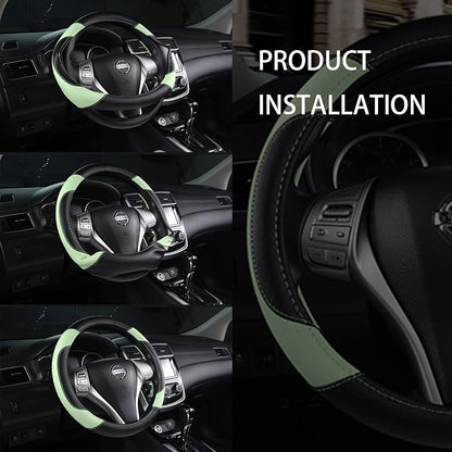 Leather Car Steering Wheel Cover, Non-Slip Car Wheel Cover Protector Breathable Microfiber Leather Universal Fit for Most Cars (Green)