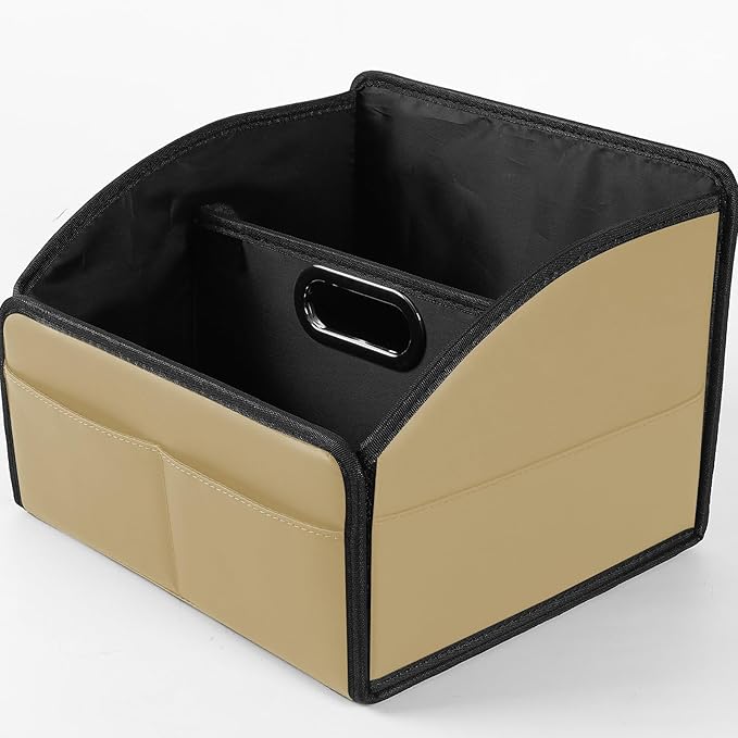 Car Storage Organizer [2025 UPDATED] Leather Car Caddy Basket for Front Seat Floor Back Seats Metal Handle 6 Compartments Adjustable Strap Buckles Slip-Resistant (Beige)