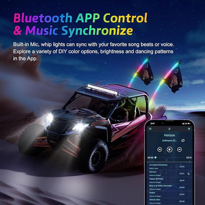 Ehaho 2 Pack 1FT LED Whip Lights With Spring Base, App & Remote Control, Spiral RGB Chasing Lighted Antenna, Music Light for UTV ATV RZR Can-Am SXS Offroad Polaris Truck