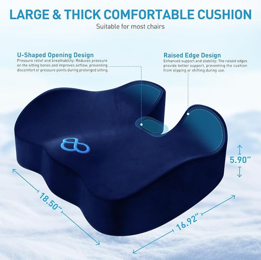 BlissTrends Extra Thick Seat Cushion for Office Chair & Car Seat, Blue | Tailbone & Sciatica Relief, Ergonomic Support, High-Density Memory Foam, Comfort for Extended Sitting