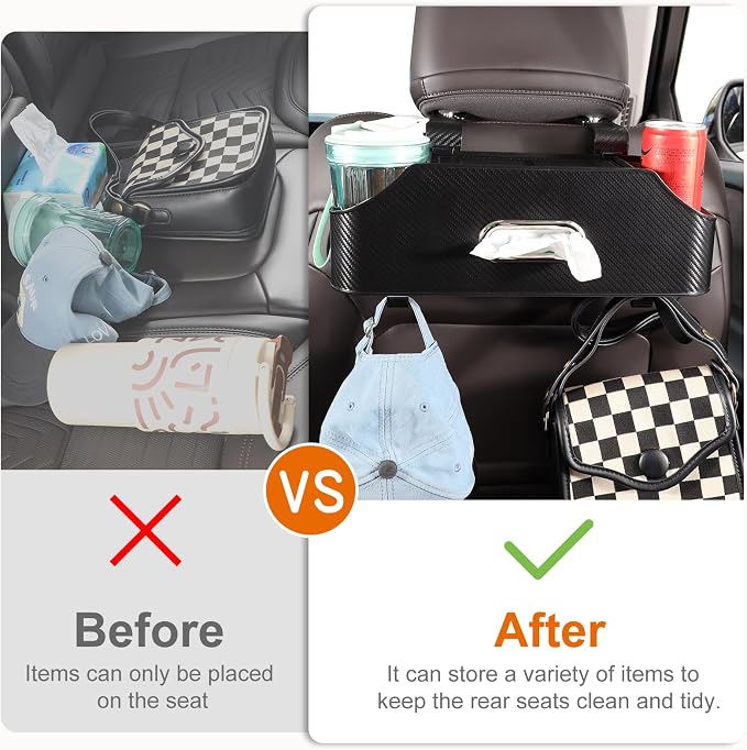 Car Rear Backseat Extra Multifunctional Drink Cup Holder Organizers with Tissue Storage Box Organizer & Hooks for Car Seat Back. imitation carbon fiber texture