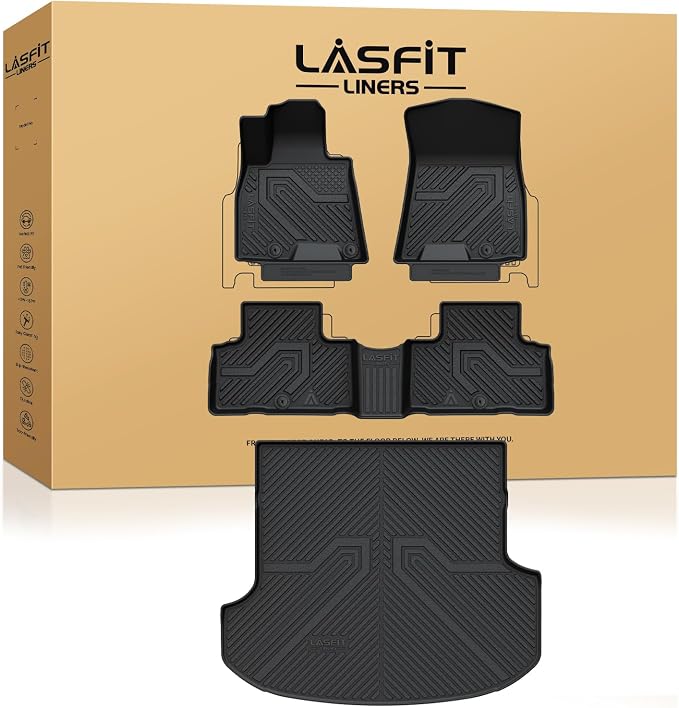 LASFIT Floor Mats & Cargo Mat for Genesis GV80 2021-2024(Fit 5 Seats; Not fit G80), TPE All Weather Protection Custom Fit 1st & 2nd Row Rubber Floor Liners for GV80 Automotive Accessories, Black
