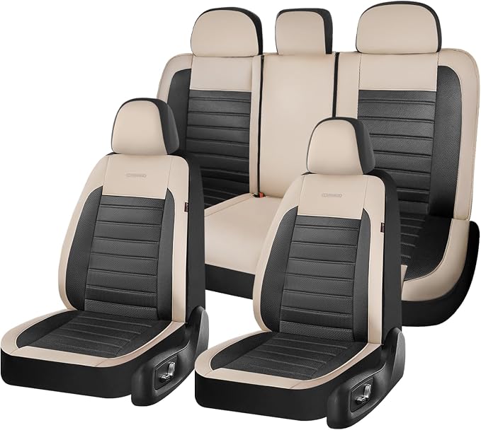 Coverado Car Seat Covers Full Set, Luxury Leather Car Seat Covers, Automotive Front and Rear Mesh Seat Covers, Full Set 5 Seats, Black Beige Seat Covers for SUV Sedan Truck