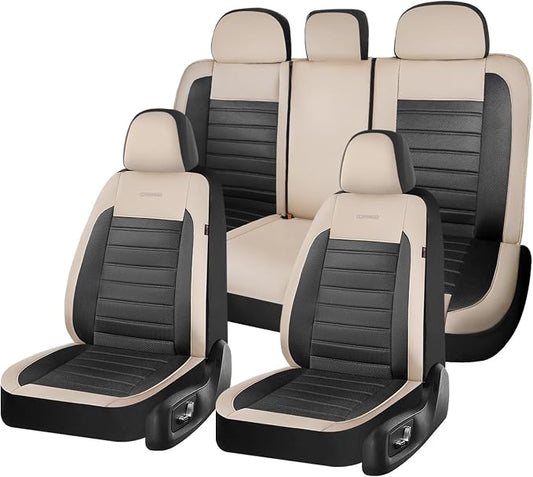 Coverado Car Seat Covers Full Set, Luxury Leather Car Seat Covers, Automotive Front and Rear Mesh Seat Covers, Full Set 5 Seats, Black Beige Seat Covers for SUV Sedan Truck