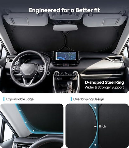 Wigoo 2026 Upgrade Universal Car Windshield Sun Shade [100% Light Block, Durable 210D Oxford] Foldable Heat Insulation Interior Sun Visor to Keep Interior Cool with Storage Bag, XS(59"x21")