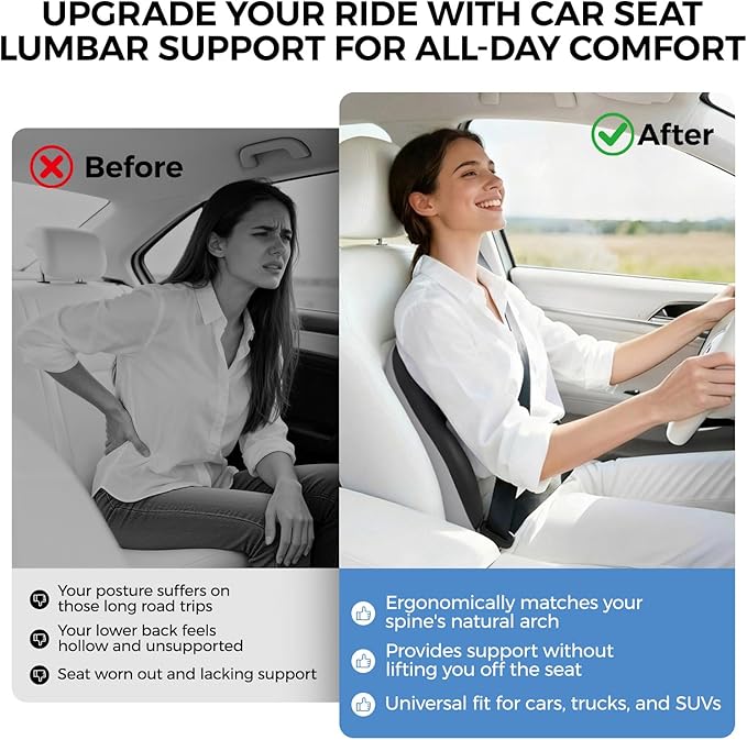 BEBAS Ergonomic Lumbar Support Pillow for Car, Memory Foam Back Support for Driving, Lower Back Pillow for Pain Relief, Comfort Lumbar Cushion for Office Chairs, Car Seat, Wheelchair -Black