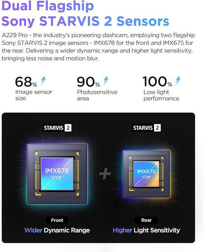 VIOFO A229 Pro 4K HDR Dash Cam, Dual STARVIS 2 IMX678 IMX675, 4K+2K Front and Rear Car Camera, 2 Channel with HDR, Voice Control, 5GHz WiFi GPS, Night Vision 2.0, 24H Parking Mode