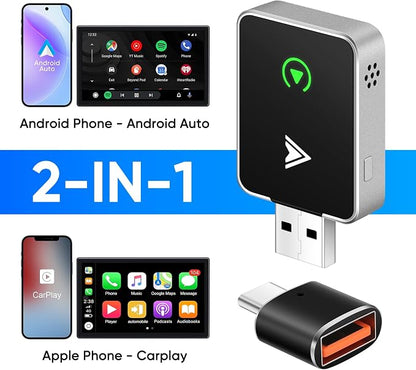 Upgraded Wireless CarPlay Adapter, 2-in-1 Mini Size CarPlay & Android Auto Adapter, Convert Wired to Wireless with USB & USB-C/Type-C, Plug & Play, Stable Control & No Delay, with iPhone & Android