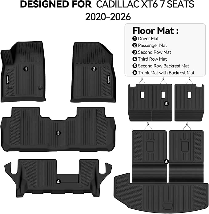 Floor Mats for 2020-2026 Cadillac XT6 7 Seats 2nd Row Bench Seats, Trunk Mat with Backrest Mat All Weather TPE Protector for Cadillac XT6 Accessories