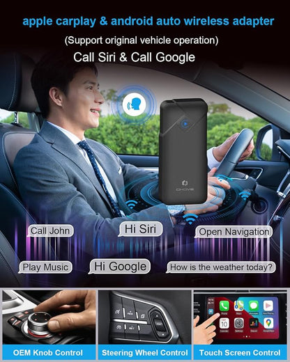 CHOVE 2-in-1 Wireless CarPlay & Android Auto Adapter, Upgrade Wired to Wireless, Compatible with iOS 10& Android