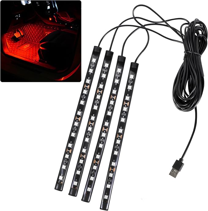 Car LED Strip Light, 12V 48 LED Interior Atmosphere Lights Under Dash Ambient Night Light, Universal Auto Interior Decorative Lamp with USB Port, Truck SUV Car Accessories (Red, USB)