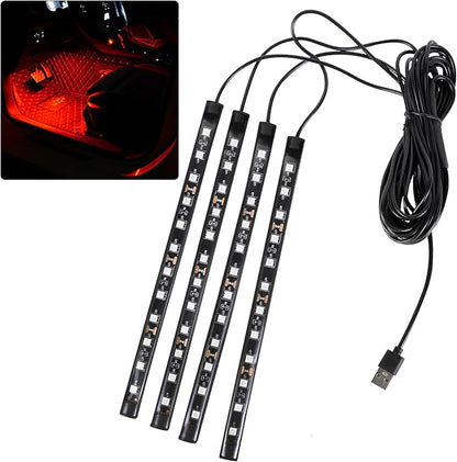 Car LED Strip Light, 12V 48 LED Interior Atmosphere Lights Under Dash Ambient Night Light, Universal Auto Interior Decorative Lamp with USB Port, Truck SUV Car Accessories (Red, USB)