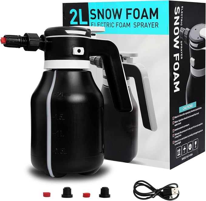 Electric Foam Sprayer,2L Portable Rechargeable Cordless Pressurized Spray Foam Cannon, Easy Clean & Acid Resistant for Car Wash Detailing Garden Black (Electric Foam Sprayer 1.0)