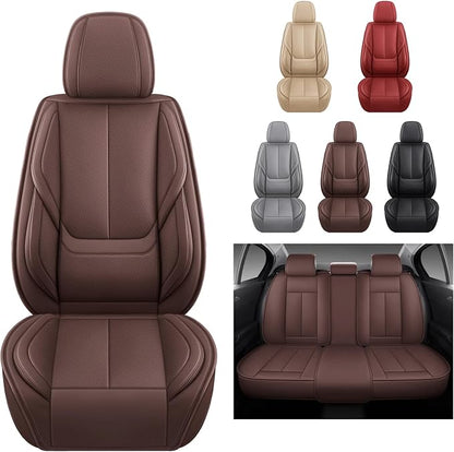 MINGBRON Car Seat Covers Full Set, Car Seat Cover Lumbar Support, Car Seat Protector Waterproof, Nappa Leather Car Seat Cushion, Front Seats and Back Fit for Most Cars Brown