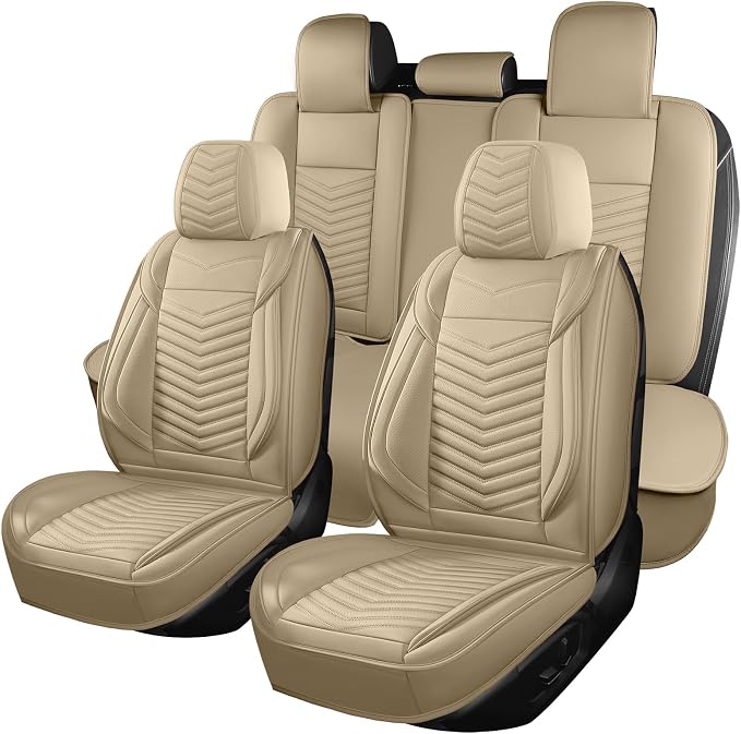 HChengkikz Nappa Leather Car Seat Covers Full Set, Beige Car seat Protector 5 Seats, Waterproof Car Seat Cushion, Universal Automotive Seat Covers Fit for SUV Truck Pick-up Sedan, Front and Rear