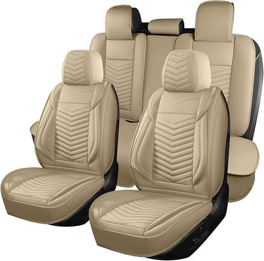 HChengkikz Nappa Leather Car Seat Covers Full Set, Beige Car seat Protector 5 Seats, Waterproof Car Seat Cushion, Universal Automotive Seat Covers Fit for SUV Truck Pick-up Sedan, Front and Rear