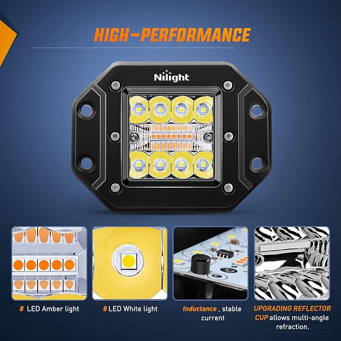 Nilight 2PCS 42W Light Pods Flush Mount Spot Flood Amber White Strobe 6 Modes Memory Function for Fog&Snow Off-Road Truck Car ATV JEEP Cabin Boat with 16AWG Wiring Harness Kit-2 Leads
