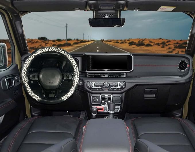 KAFEEK Leopard Print Steering Wheel Cover for Women, Classy Carbon Fiber and Soft Microfiber Leather, 15 Inch Universal Car Wheel Protector, Aesthetic Off-White Cheetah Print, Anti-Slip & Breathable