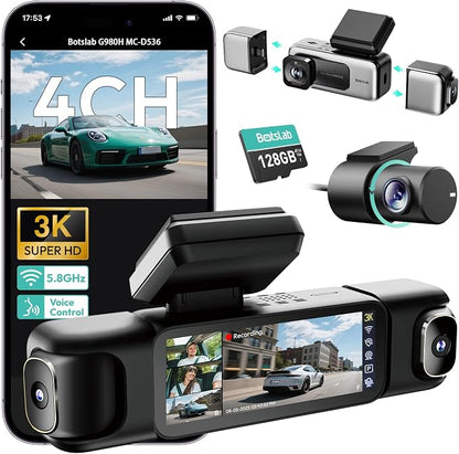 BOTSLAB 3K 4 Channel Dash Cam, 360° All-Around View, Front/Rear/Inside Car Cameras with 3.18" Touch Screen, Dash Camera 24/7 Parking Mode, Built-in GPS, 5.8GHz WiFi, Voice Control, 128GB Card Included