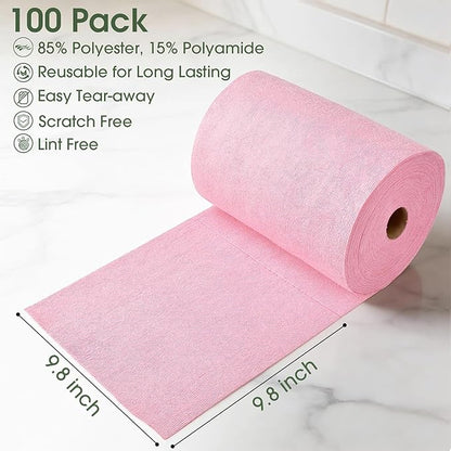 Microfiber Cleaning Cloth Roll - 100 Pack Tear Away Microfiber Paper Towels, Reusable, Washable, Scratch-Free, Kitchen Towels for Car, Home, Kitchen, Glass, Dishes(Pink)