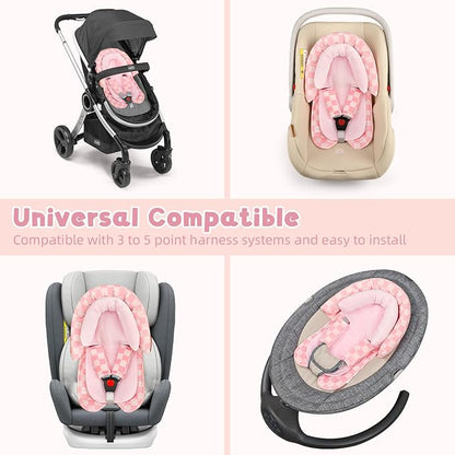 Infant Car Seat Insert with 2 Strap Pads, Carseat Cushion Baby Boy & Girl, Soft and Comfortable Carseat Head Support for Newborn, Pink Checkered