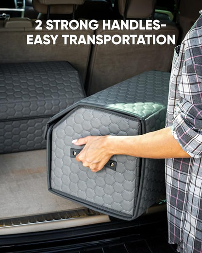 Owleys Foldable Trunk Organizer for Car - Collapsible Auto Trunk Organizer with Lid - Small and Large Cargo Organizer - Trunk Storage Box with 2 Compartments - Gray 17