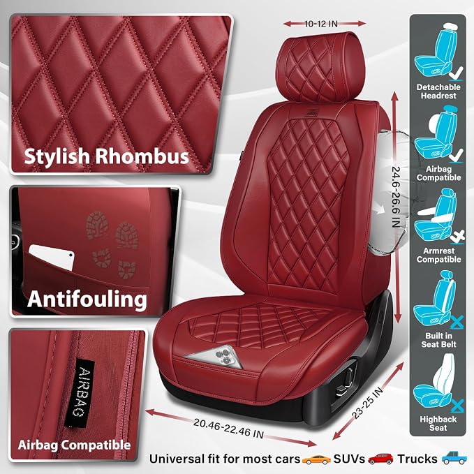 CAR PASS Luxury Nappa Leather Seat Covers Full Set, 3D Rhombus Waterproof Faux Leather Seat Covers, Premium Automotive Seat Cushion Universal Fit for Sedan SUV Truck Van,Airbag Compatible Burgundy Red