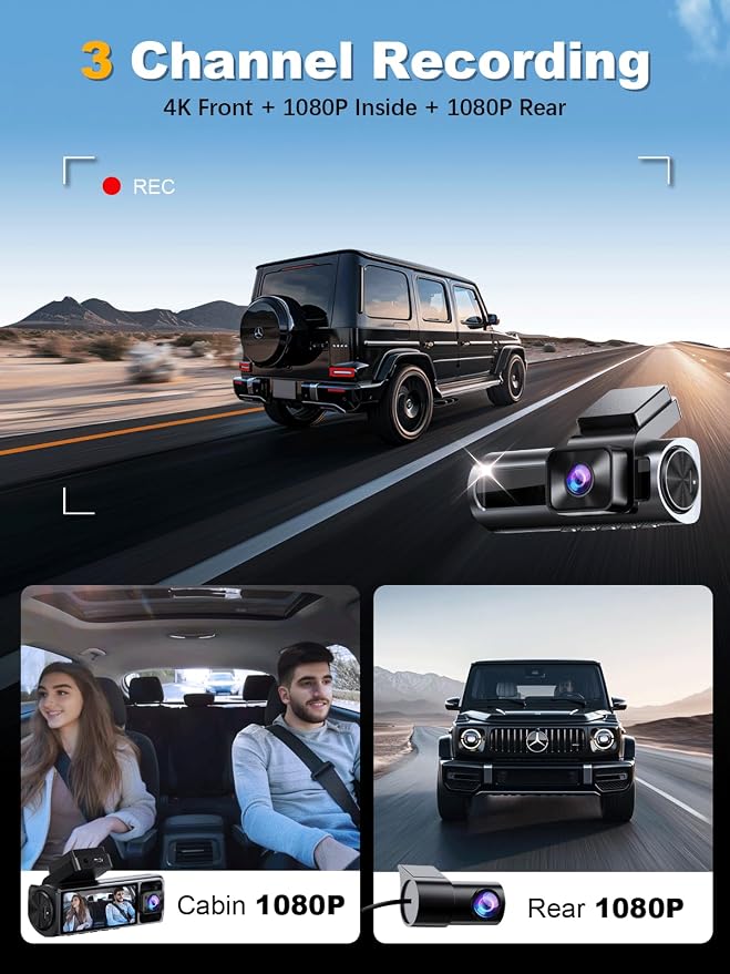 4K 3 Channel Dash Cam Front and Rear Inside, Built-in 5.8GHz WiFi GPS, 64GB Card Included, 4K+1080P+1080P Dash Camera for Cars, 3.18'' IPS Screen Dashcam with G-Sensor, 24H Parking Monitor