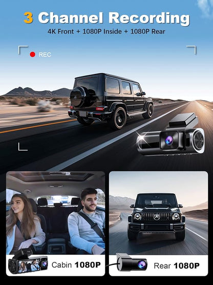 4K 3 Channel Dash Cam Front and Rear Inside, Built-in 5.8GHz WiFi GPS, 64GB Card Included, 4K+1080P+1080P Dash Camera for Cars, 3.18'' IPS Screen Dashcam with G-Sensor, 24H Parking Monitor