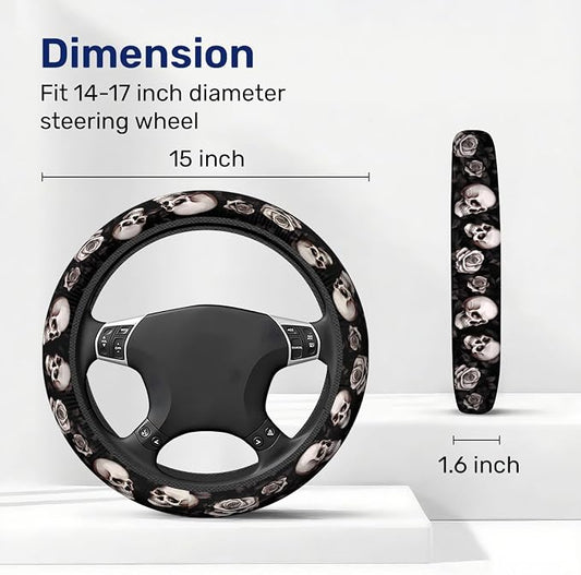 GENANY Rose Skull Steering Wheel Cover, Non Slip Polyester Car Wheel Protector for Car SUV Truck, Universal 15 Inch