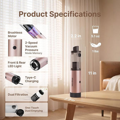 Shop-Vac S4 Mini Car Vacuum Cordless, 15000Pa 4-in-1 Portable Handheld Desk Vacuum & Air Duster with Brushless Motor, LED Light, Multi-Nozzles, 2 Modes, for Car, Office, Keyboard Cleaning (Champagne)