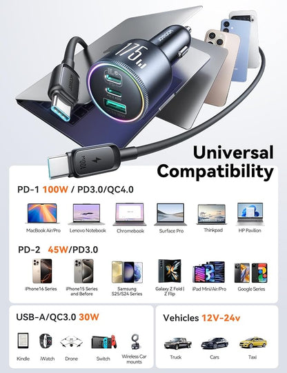 JOYROOM 175W Super Fast Car Charger [GaN] 3-Port Car Charger USB C Fast Charge with USB-C Cable, Car Cigarette Lighter USB Charger for iPhone 17/16/15, Samsung S26/25, Pixel 10, MacBook, iPad and More