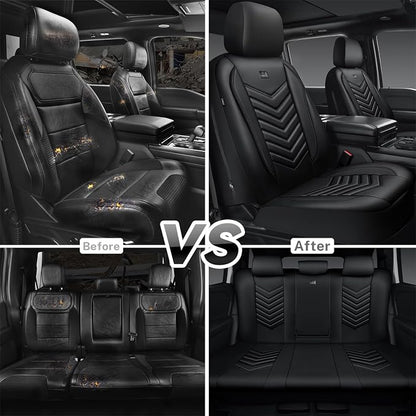 CAR PASS 3D Foam Faux Leather Seat Covers Full Set,Waterproof Leather Seat Cover for Cars,Luxury Universal Fit for SUV Truck Sedan Automotive, Armrest Airbag Compatible Anti-Slip, All Black