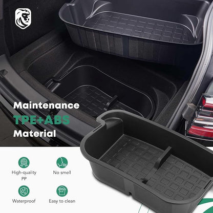 YHTAUTO Rear Trunk Organizer Compatible with Tesla Model Y 2020-2024 (For 5-Seater Only) Accessories, Waterproof Trunk Storage Bins Organizer Upper & Lower Dual Layer Rear Trunk Storage Box - Black