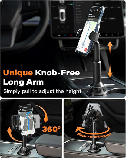 APPS2Car Universal Car Cup Phone Holder | Quick Extension Long Arm | 360° Swivel | Adjustable for iPhone, Samsung, Google, and All Smartphones | Stable & No Shake Design
