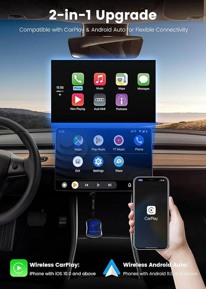 Upgraded Android Auto Wireless Adapter for Cars 2017+, 2 in 1 Wireless Carplay Adapter for iPhone,Compatible with iOS 10+/Android 11+, Plug & Play,Near-Zero Latency