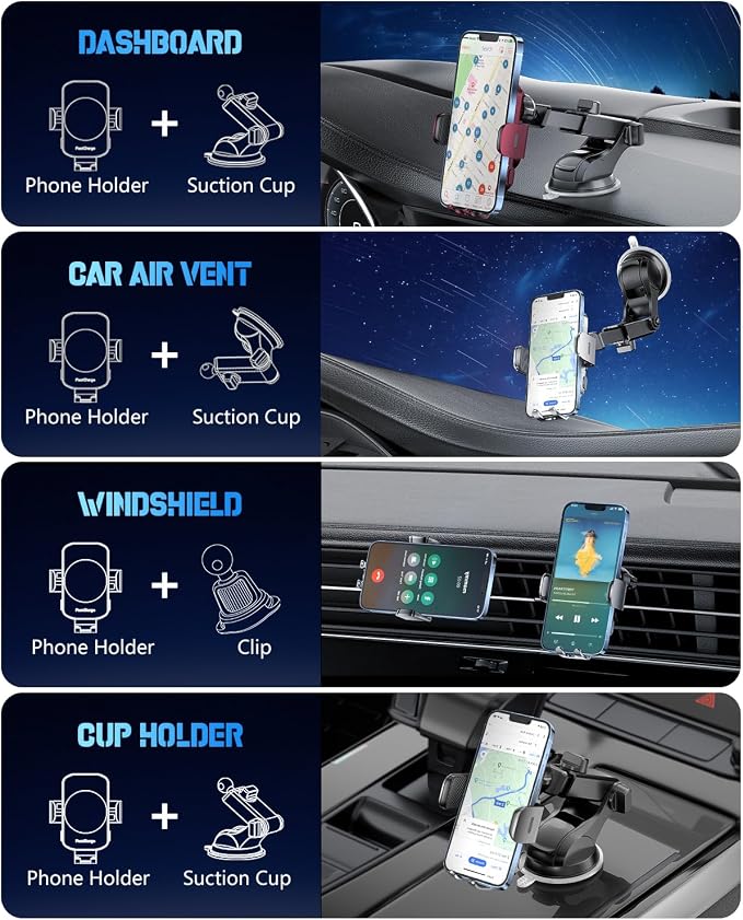 3-in-1 Wireless Car Charger Mount, 15W Fast Charging Auto-Clamping Phone Holder for iPhone 17 16 15 14, Samsung Galaxy S24 S23, Dashboard, Vent & Windshield Car Mount(Space Grey)