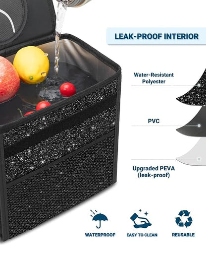 Capolo Car Trash Can with Lid, Leakproof Car Trash Bag Hanging Waterproof Automotive Garbage Can with Storage Pockets Mini Vehicle Trash Bin for Back/Front Seat(Sparkly Black,3 Gallon)