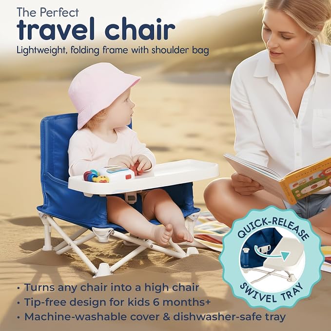 Hiccapop OmniBoost Travel Booster Seat with Tray for Baby | Folding Portable Baby Booster Seat for Dining Table, Camping, Beach, Grandma’s | Tip-Free Design Straps to Kitchen Chairs - Booster Chair