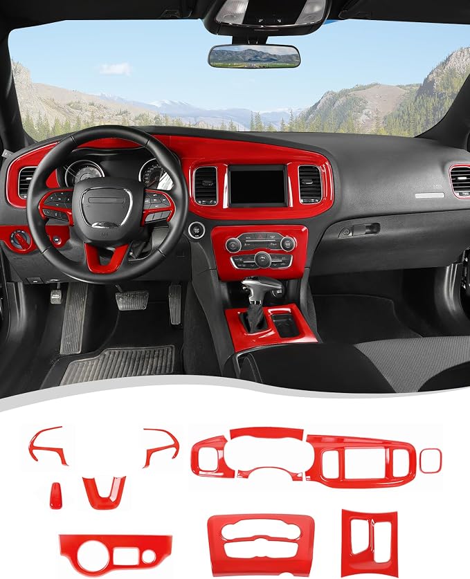 Hoolcar for Charger Red Interior Accessories Trim Kit fit for 2015-2024+ Dodge Charger Center Console Gear Shift Dash Dashboard Decor Cover Trim, 12pcs