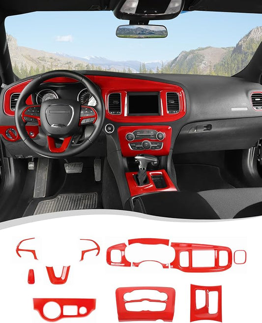 Hoolcar for Charger Red Interior Accessories Trim Kit fit for 2015-2024+ Dodge Charger Center Console Gear Shift Dash Dashboard Decor Cover Trim, 12pcs
