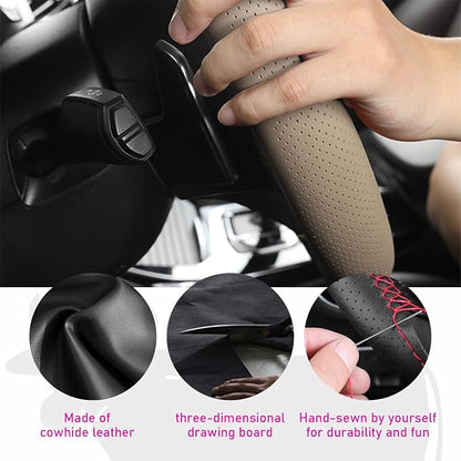 Ziciner Genuine Leather Steering Wheel Cover, Stitch on Wrap, Breathable Anti-Slip Car Steering Wheel Protector for Max Diameter 15 Inch, DIY Sewing with Needles Thread (Beige, Hole)
