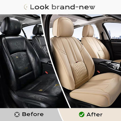 Coverado Seat Covers for Cars, 5 Seat Waterproof Seat Cover with Lumbar Support, Front and Rear Seat Covers, Luxury Leather Car Seat Protectors, Car Seat Cushions Universal Fit for Most Cars (Beige)