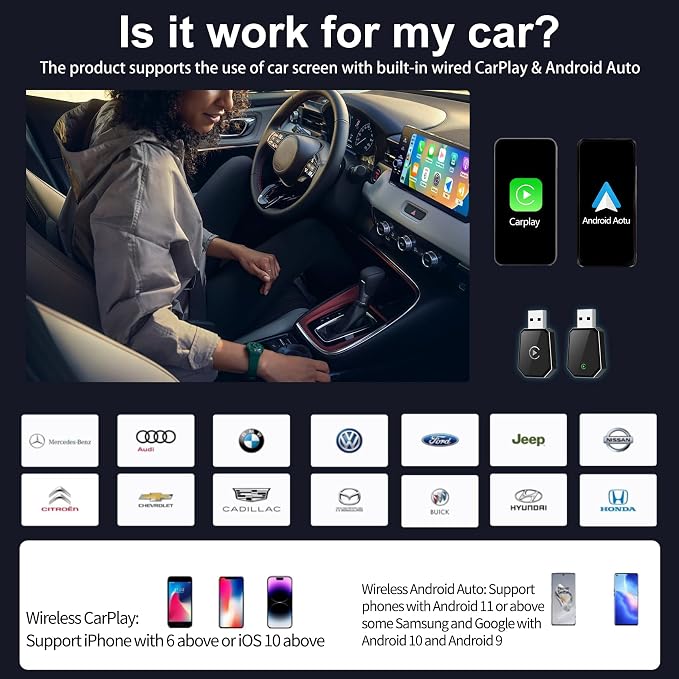 Wireless Carplay Adapter, Android Auto Adapter Plug and Play 2025 Carplay, Convert Wired to Wireless Supports Car Original Control, Mini Car Play Box for Cars