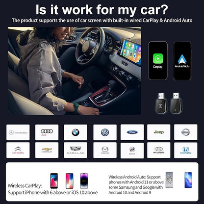 Wireless Carplay Adapter, Android Auto Adapter Plug and Play 2025 Carplay, Convert Wired to Wireless Supports Car Original Control, Mini Car Play Box for Cars