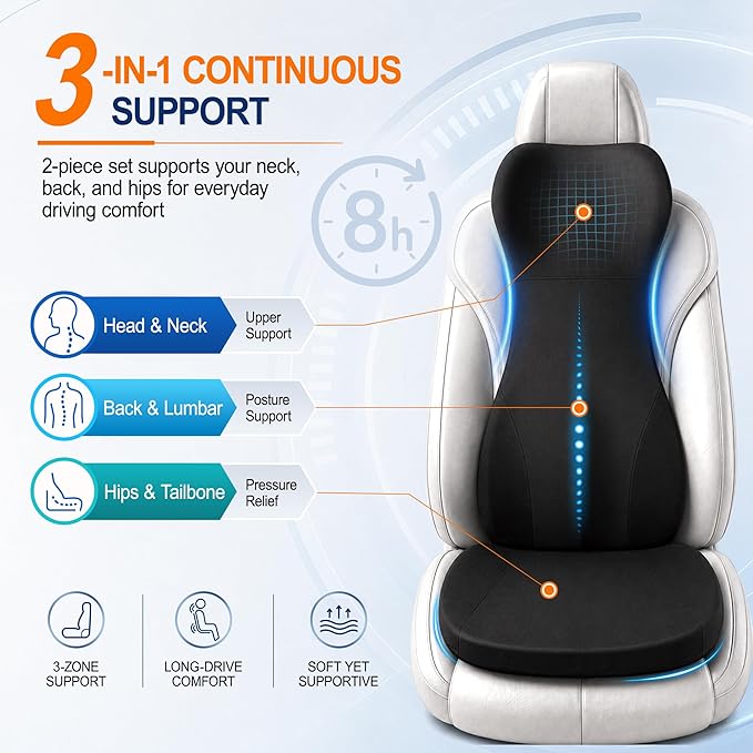 2 Piece Car Seat Cushion Set: 3-in-1 Memory Foam Driver Seat Cushion, Integrated Lumbar Support with Headrest Pillow for Pain Relief, Back Support with Neck Pillow for Car, Truck, SUV - Black