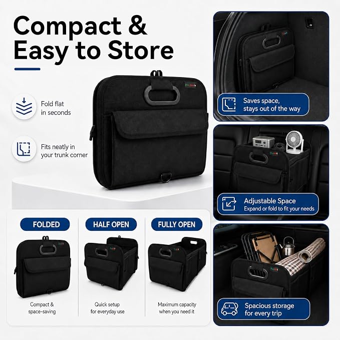 PAT SAM'S Trunk Organizer for SUV, Collapsible Car Trunk Organizer with Dividers, Waterproof 600D Oxford, Non-Slip Storage Organizer for Groceries, Tools, Travel, Truck & Car (Black)
