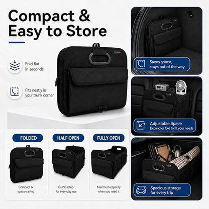 PAT SAM'S Trunk Organizer for SUV, Collapsible Car Trunk Organizer with Dividers, Waterproof 600D Oxford, Non-Slip Storage Organizer for Groceries, Tools, Travel, Truck & Car (Black)