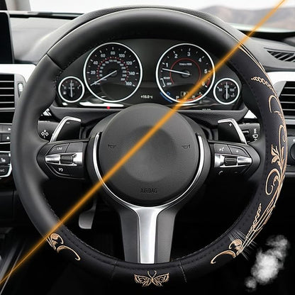 Beige Embroidery Butterfly Car Steering Wheel Cover,14.5-15 Inch Universal Leather Covers Breathable Anti-Slip Odorless Steering Wheels Accessories for Men Women